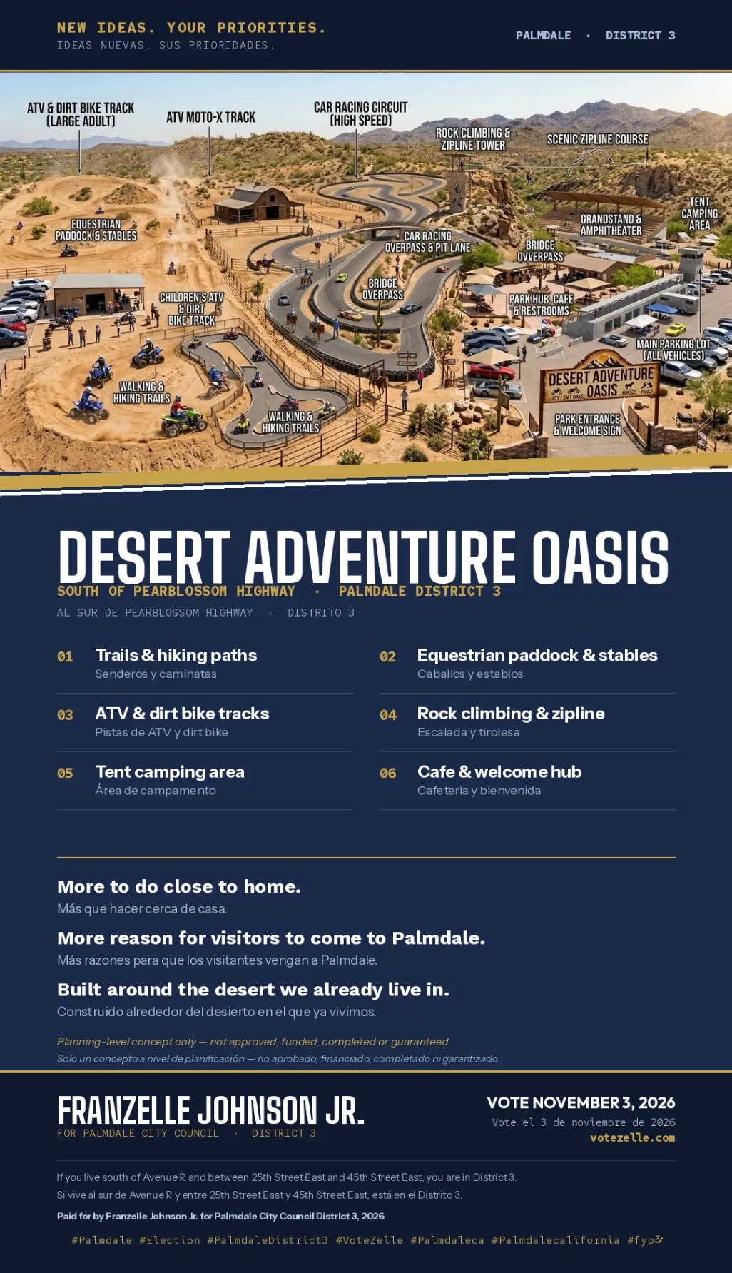 Desert Adventure Oasis concept graphic for south of Pearblossom Highway in Palmdale District 3, showing ATV and dirt bike tracks, equestrian paddock and stables, car racing circuit, rock climbing and zipline, tent camping, and a cafe and welcome hub, with bilingual labels and planning-level disclaimer