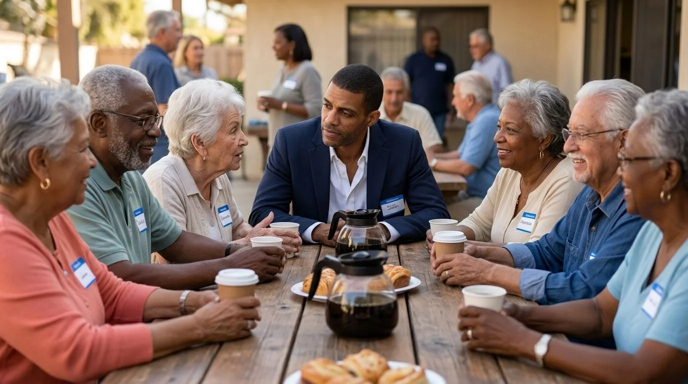 Franzelle Johnson listening to a pair of community members over coffee